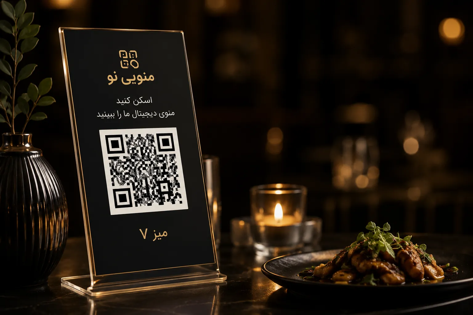 استند کد QR منویی نو روی میز یک رستوران، کنار شمع و بشقاب غذا